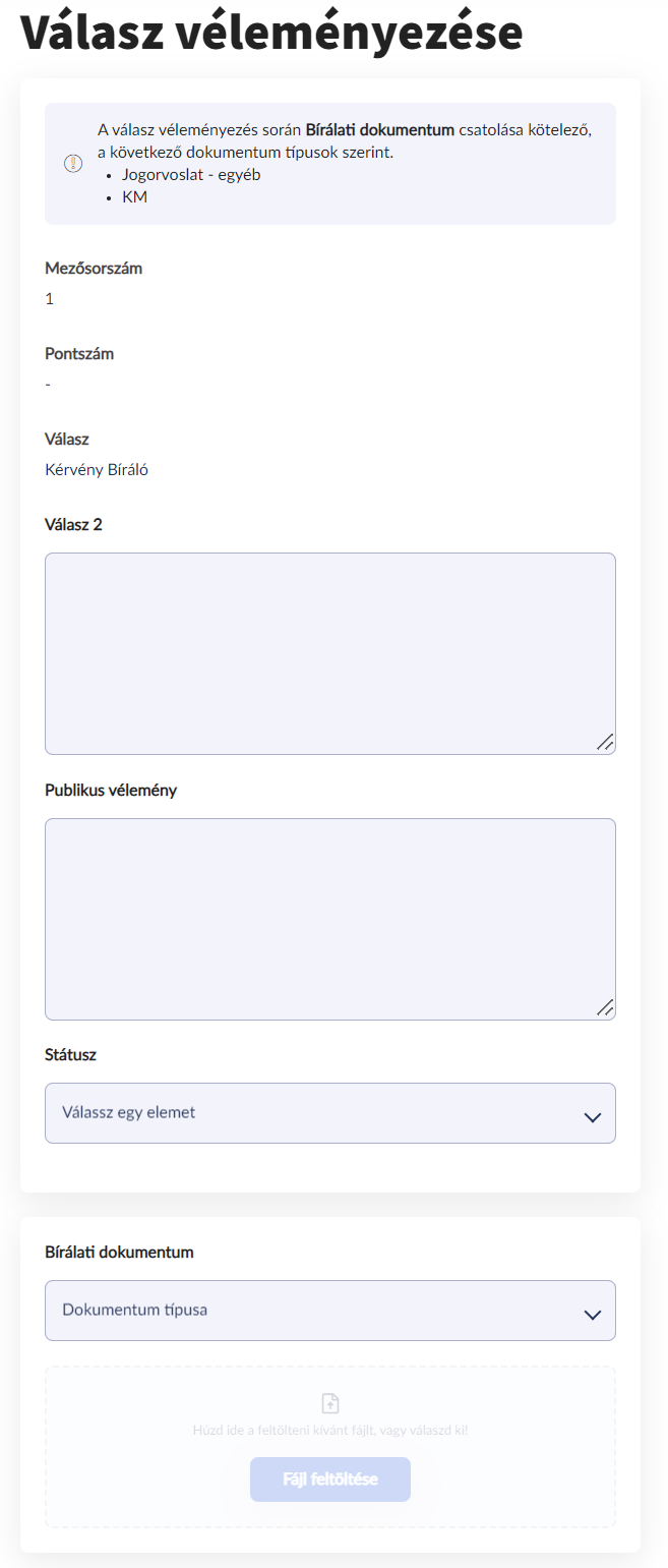 Kérvényválaszhoz bírálati dokumentum