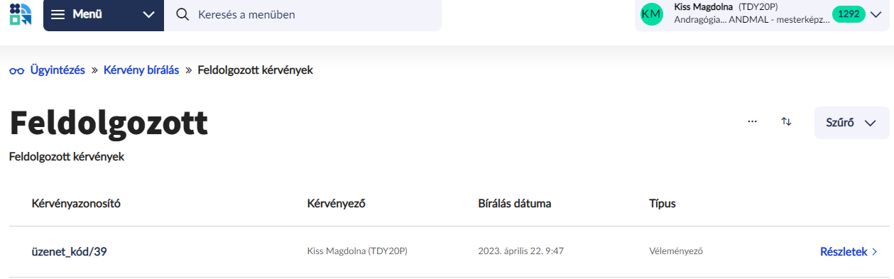 Feldolgozott kérvények