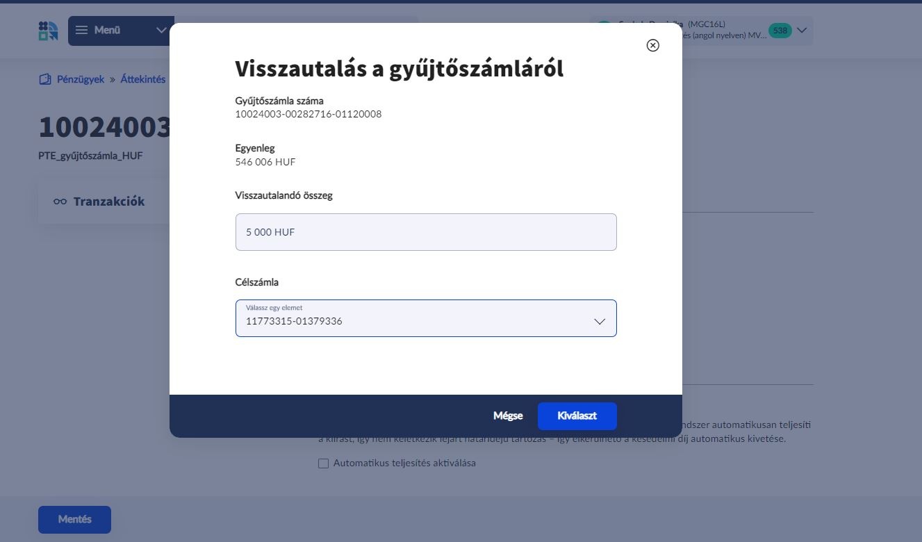 Visszautalás a gyűjtőszámláról