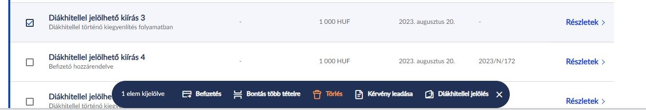 Diákhitellel jelölés listából