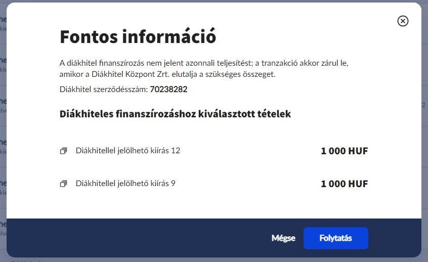 Diákhitellel jelölhető tételek