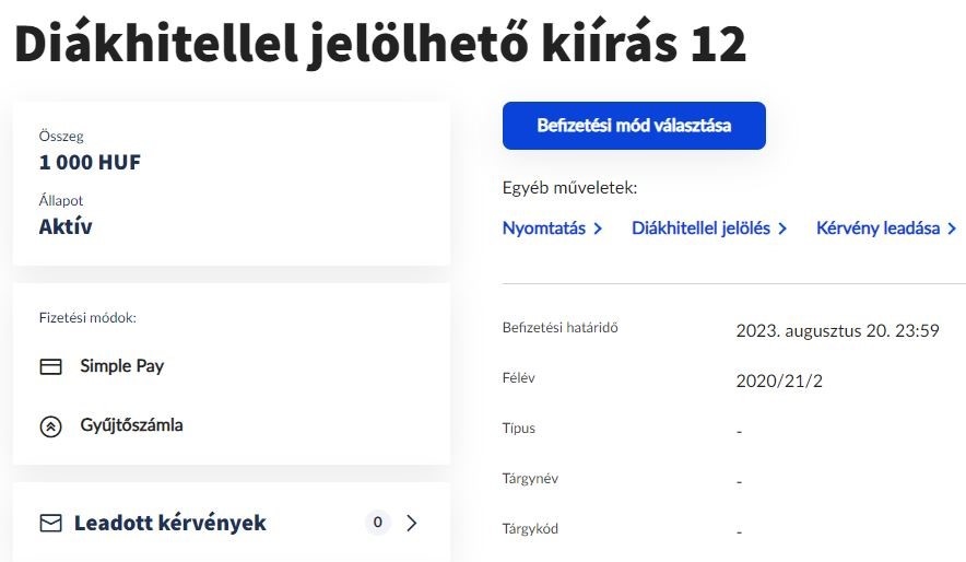 Tétel részletek Diákhitellel jelölés