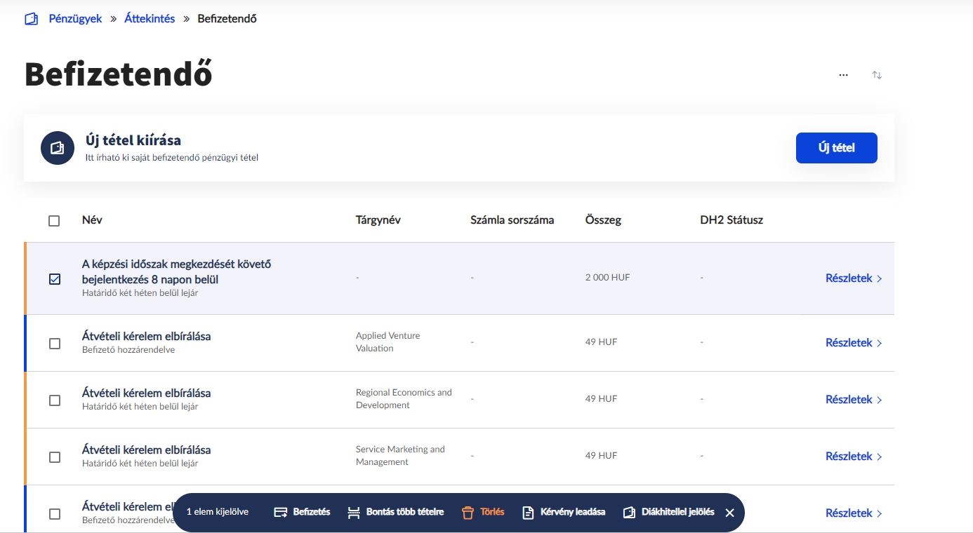 Tétel bontása listás felületről