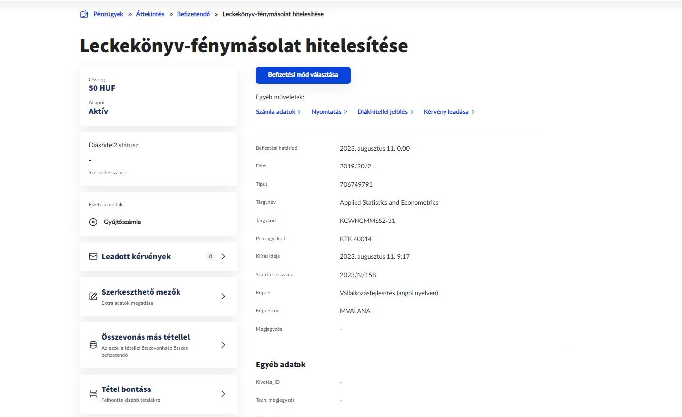 Befizetendő tétel részletei
