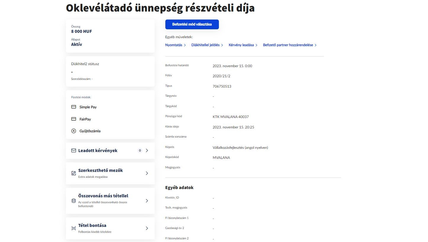 Befizetendő tétel részletek