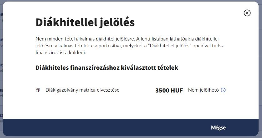 Diákhitellel nem jelölhető tétel