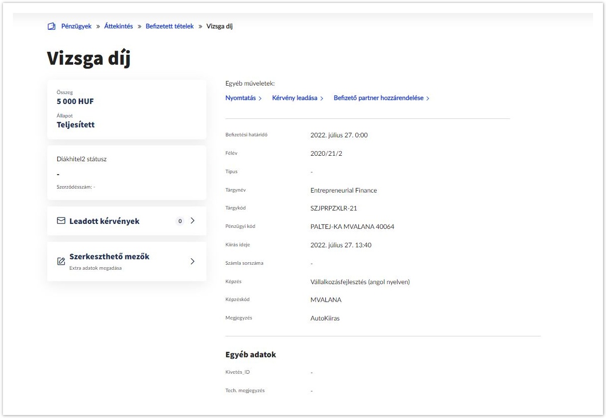 Neptun hallgatói webes felület dokumentáció 2025.1 > Befizetett tételek > Befizetett tételek részletek.JPG (Befizetett tételek részletek) Befizetett tételek részletek