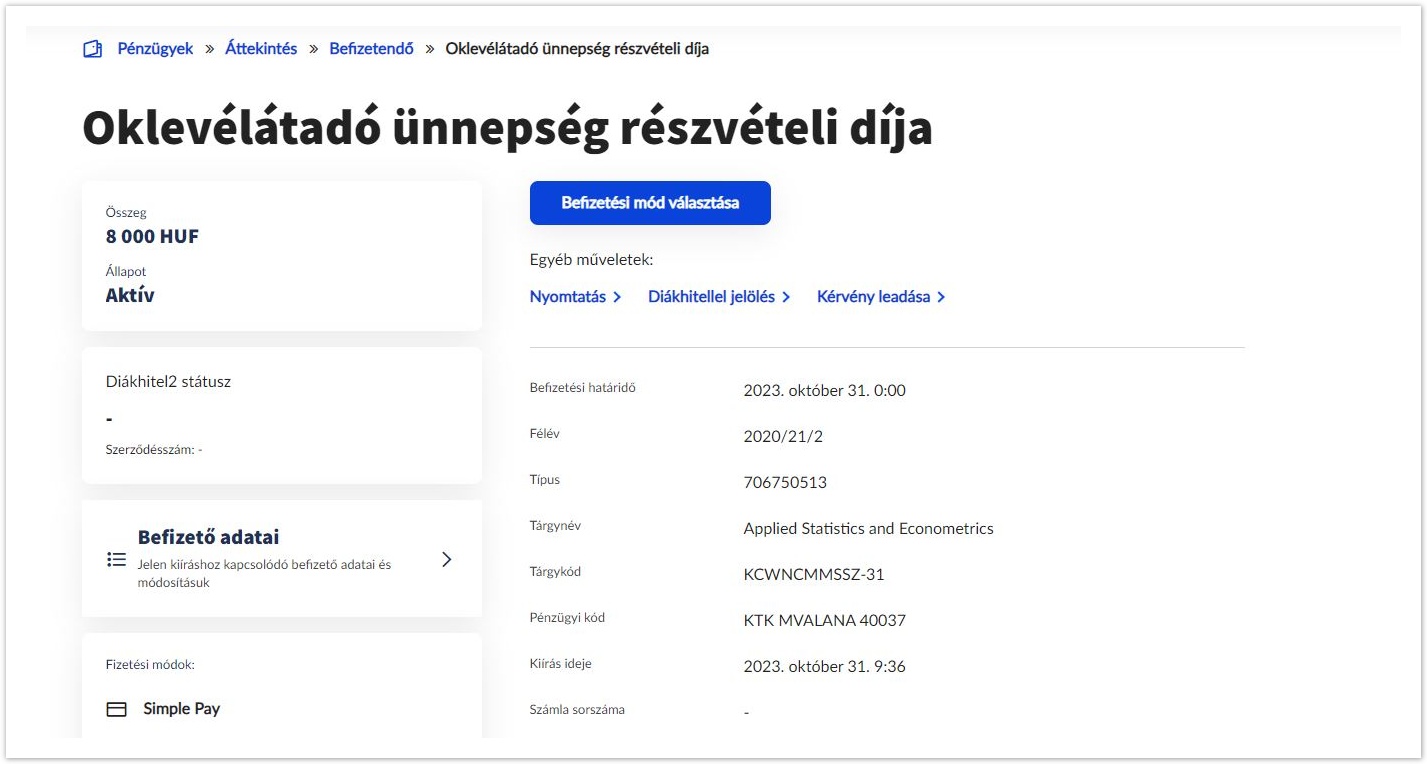 Neptun hallgatói webes felület dokumentáció 2025.1 > Befizetési lehetőségek > Befizetés tétel részletek felől.JPG (Befizetési lehetőség tétel részletek felől) Befizetési lehetőség tétel részletek felől