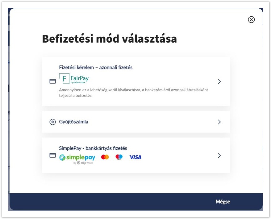 Neptun hallgatói webes felület dokumentáció 2025.1 > Befizetési lehetőségek > Tételkiíráskor befizetési mód választása.JPG (Befizetés tételkiírás felől) Befizetés tételkiírás felől