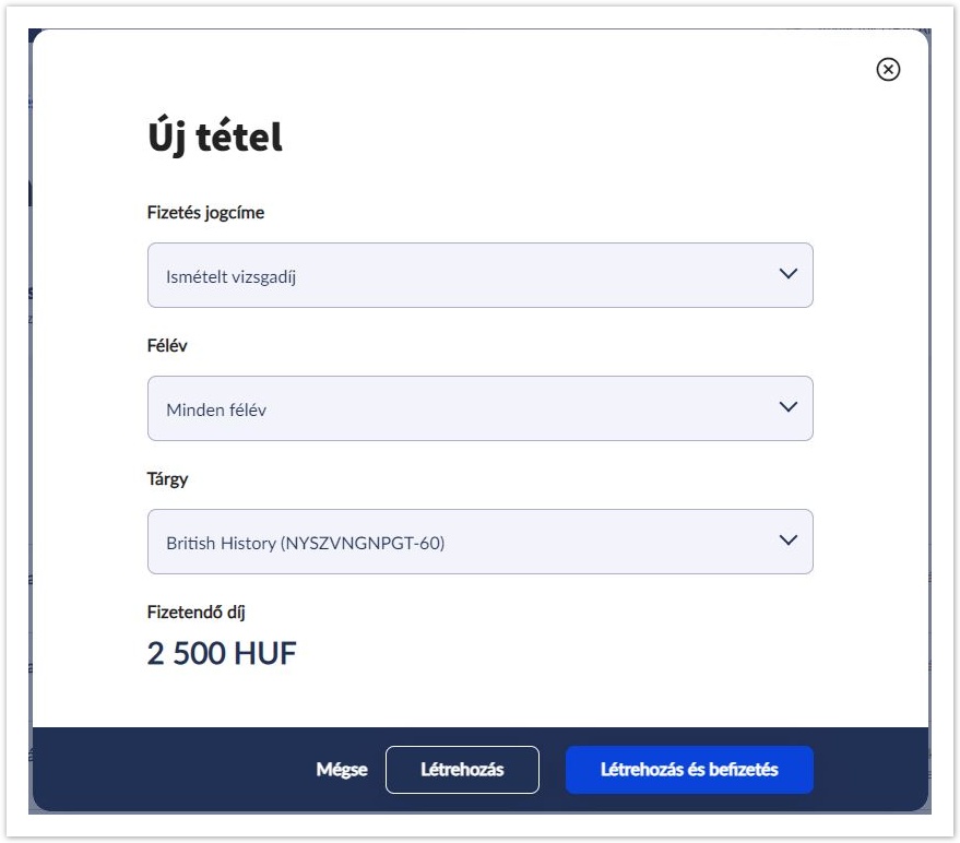 Neptun hallgatói webes felület dokumentáció 2025.1 > Tétel kiírás > Új tétel IV díj.JPG (Ismételt vizsgadíj) Ismételt vizsgadíj
