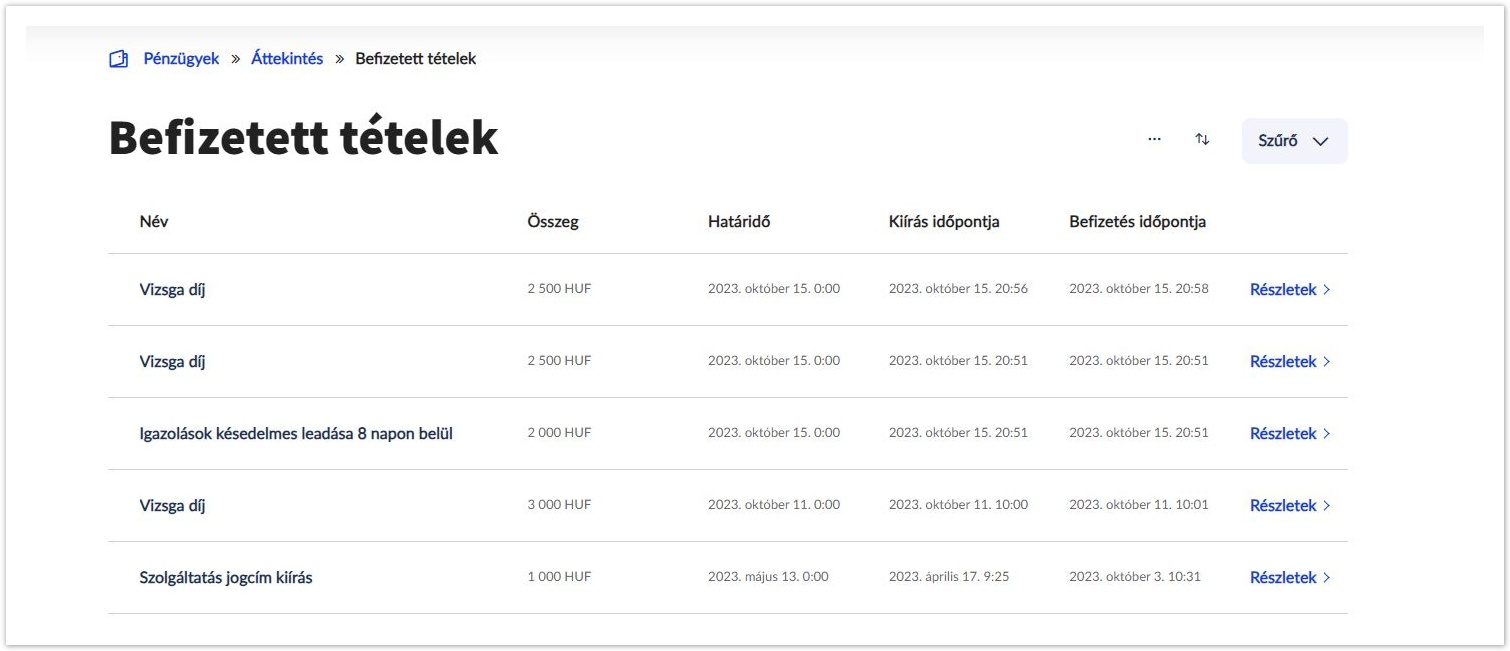 Neptun hallgatói webes felület dokumentáció 2025.2 > Befizetett tételek > Befizetett tételek.JPG (Befizetett tételek) Befizetett tételek