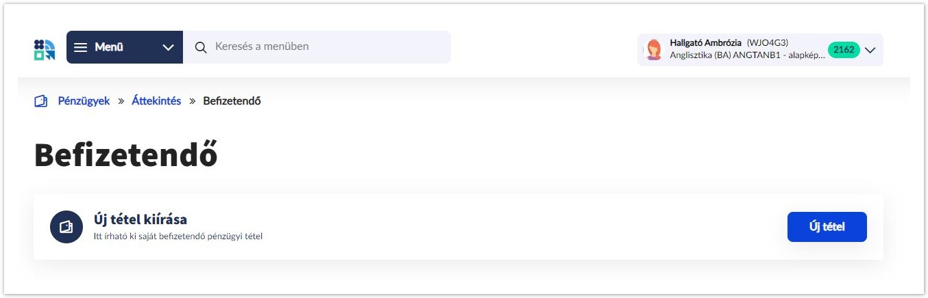Neptun hallgatói webes felület dokumentáció 2025.2 > Tétel kiírás > Új tétel2.JPG (Új tétel - Befizetendő) Új tétel - Befizetendő