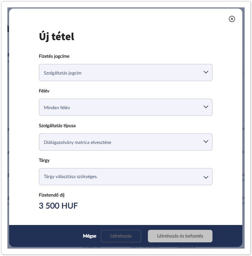 Neptun hallgatói webes felület dokumentáció 2025.3 > Tétel kiírás > Szolgáltatás jogcím.JPG (Szolgáltatás jogcím) Szolgáltatás jogcím
