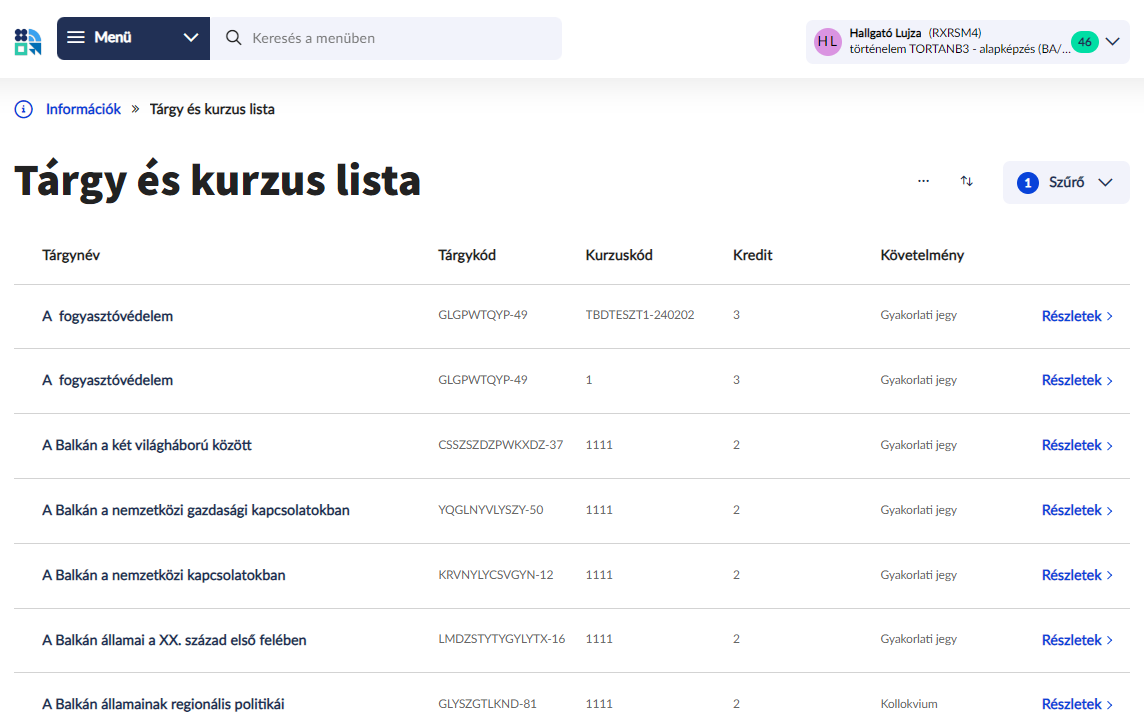 tárgy és kurzus lista